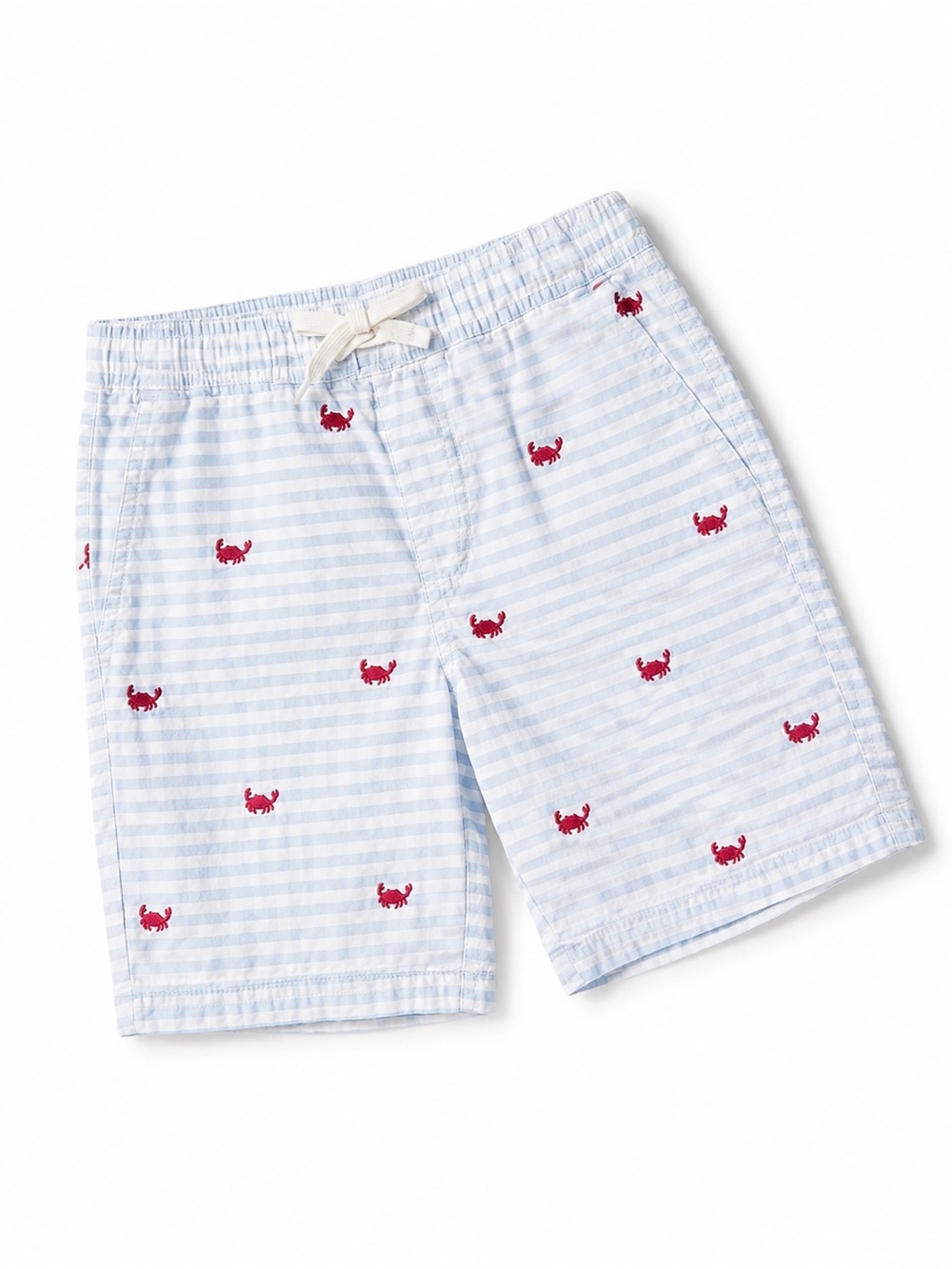 Janie and Jack Blue and White Striped Swim Trunks with Red Crab Embroidery